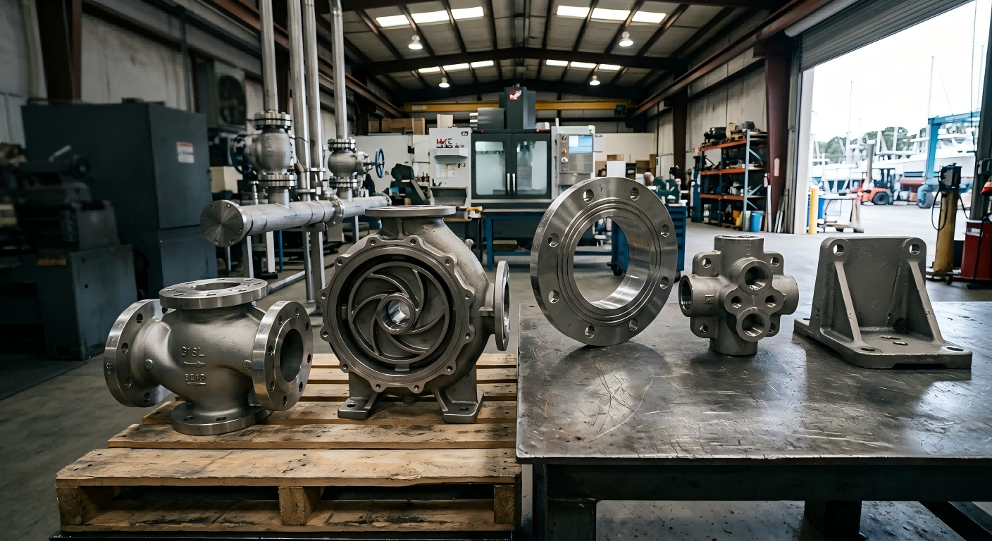Custom Petrochemical and Marine Investment Cast Parts Custom steel investment cast petrochemical and marine components displayed in a realistic industrial workshop
