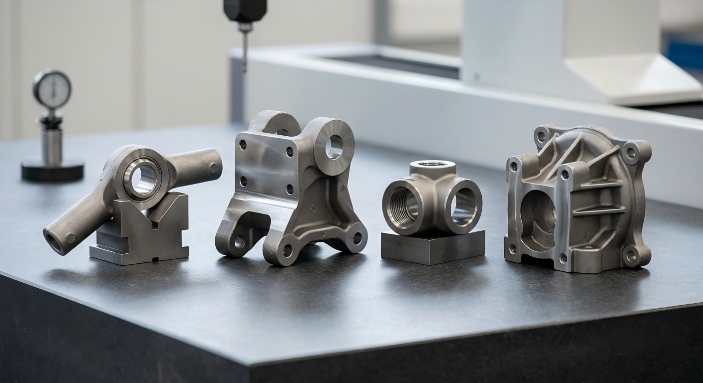 Manufacturing Features of Custom Transportation Parts Custom transportation parts with machined holes, mounting faces, threads and cast structural features displayed on an inspection table