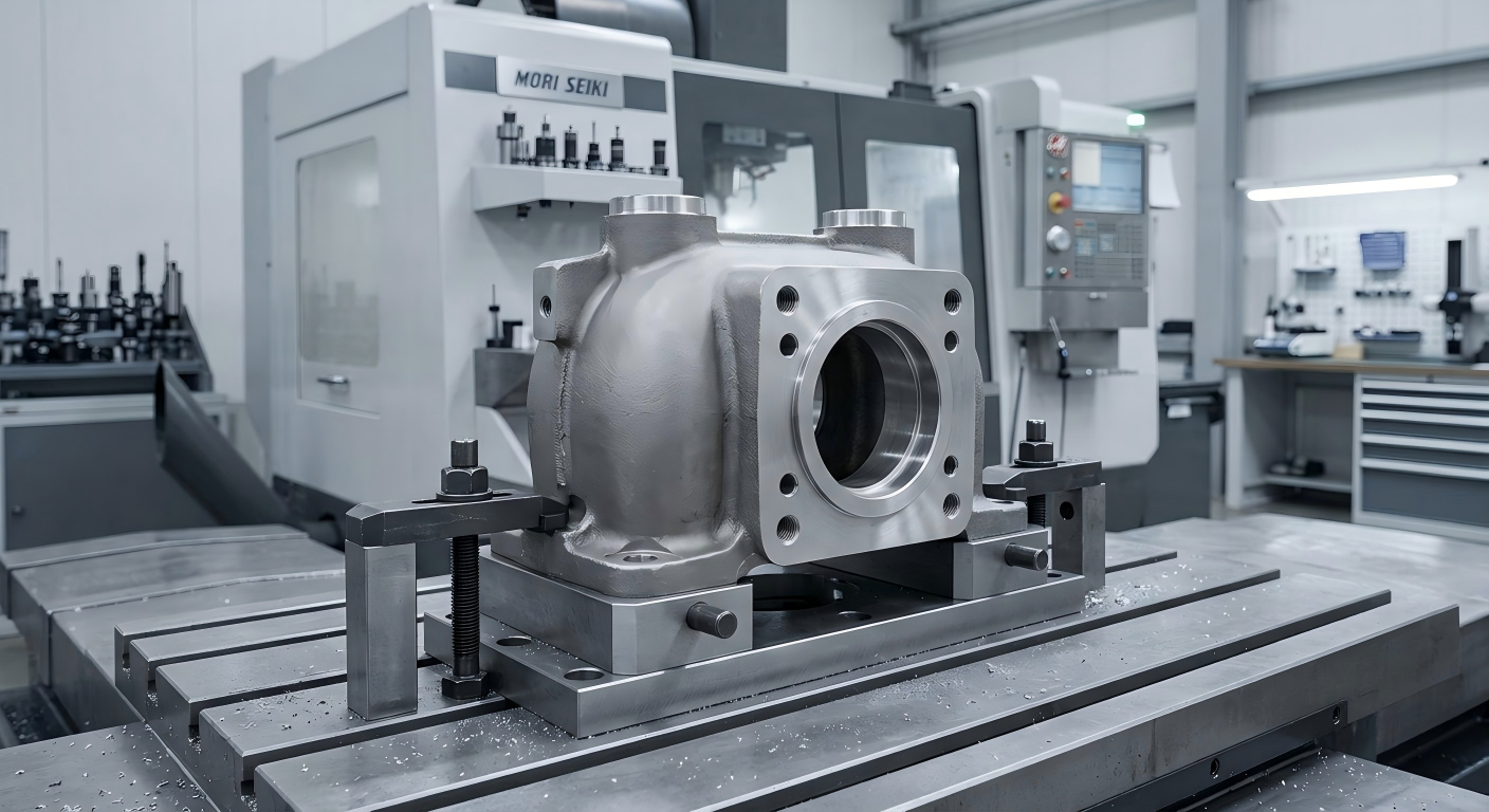 Casting & Machining Features for Industrial Machinery Parts Custom steel machinery component in CNC machining setup showing cast surfaces and precision-machined functional areas