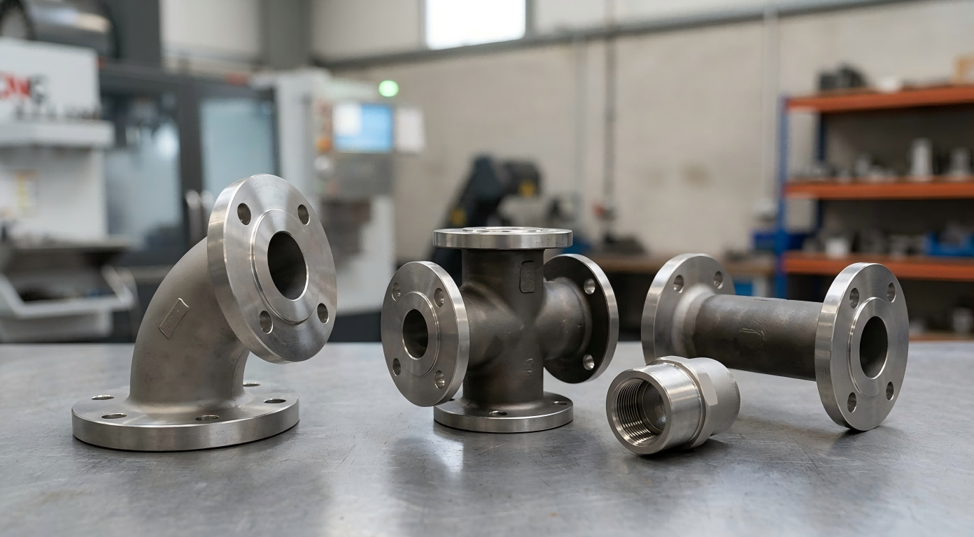 Custom Flanged Fittings Elbows and Pipe Connectors Steel flanged fittings elbows and pipe connectors displayed on a fabrication table