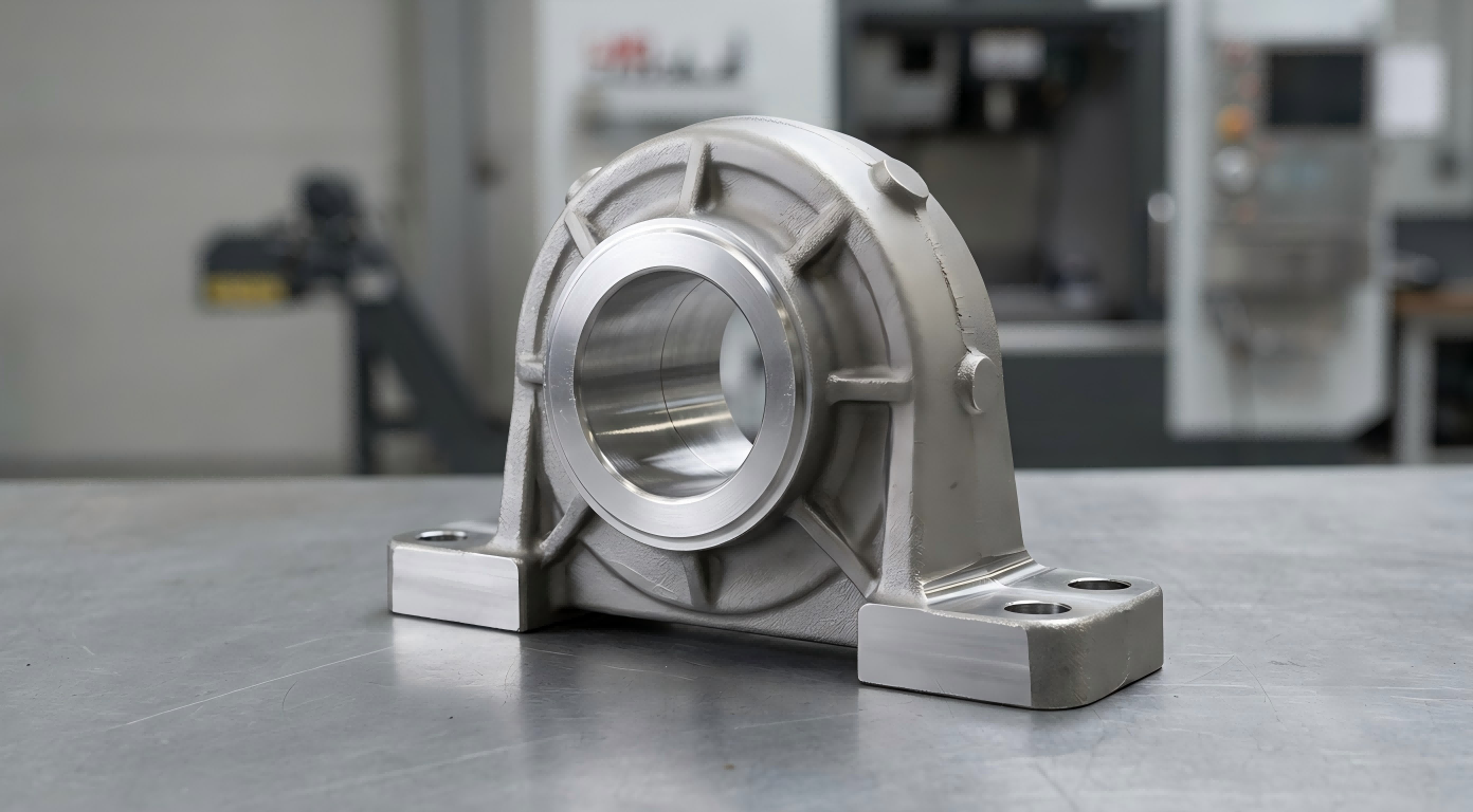 Custom Bearing Housing & Shaft Support | Industrial Machinery Parts Custom cast steel bearing housing with machined bore, mounting feet and reinforced shaft support structure