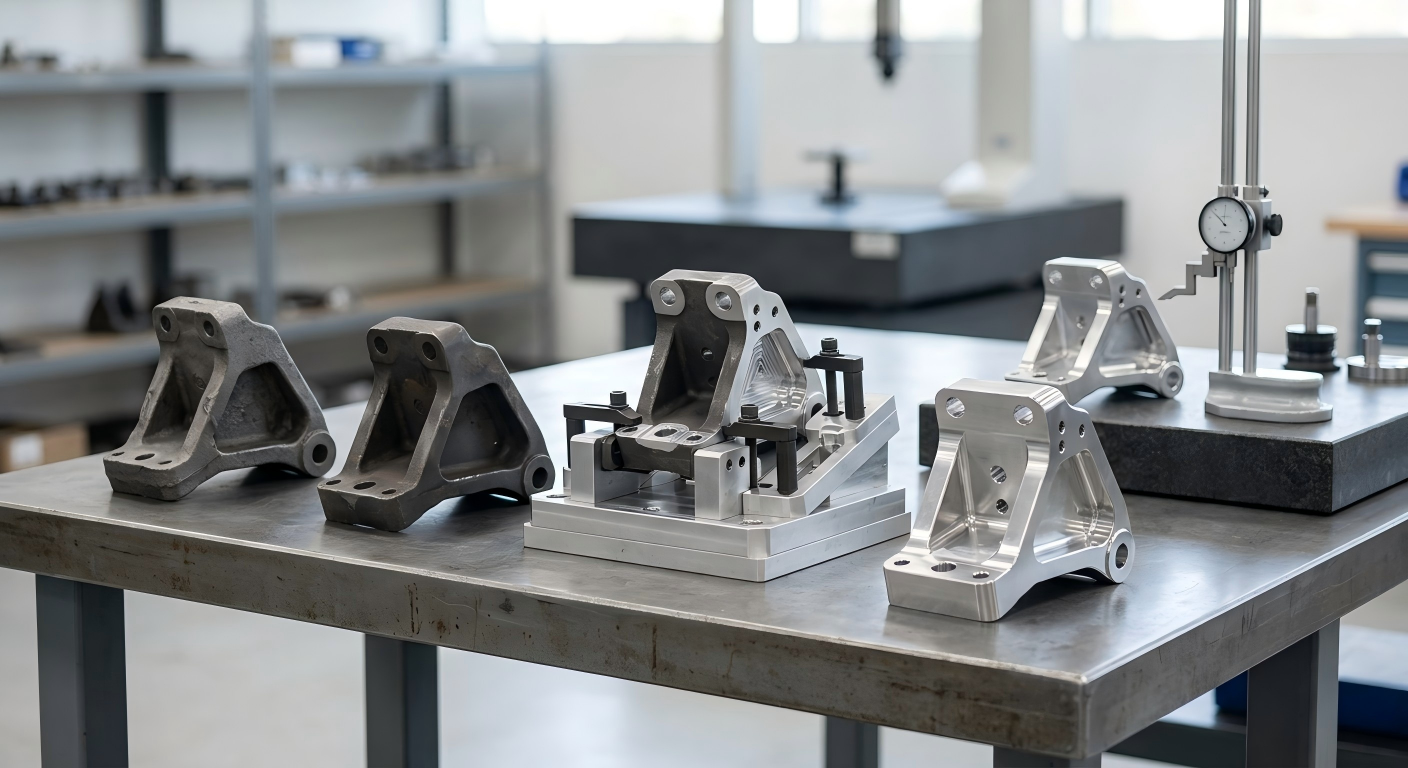 Production Process for Custom Transportation Parts Transportation parts shown through casting, machining and inspection stages on a clean industrial workbench