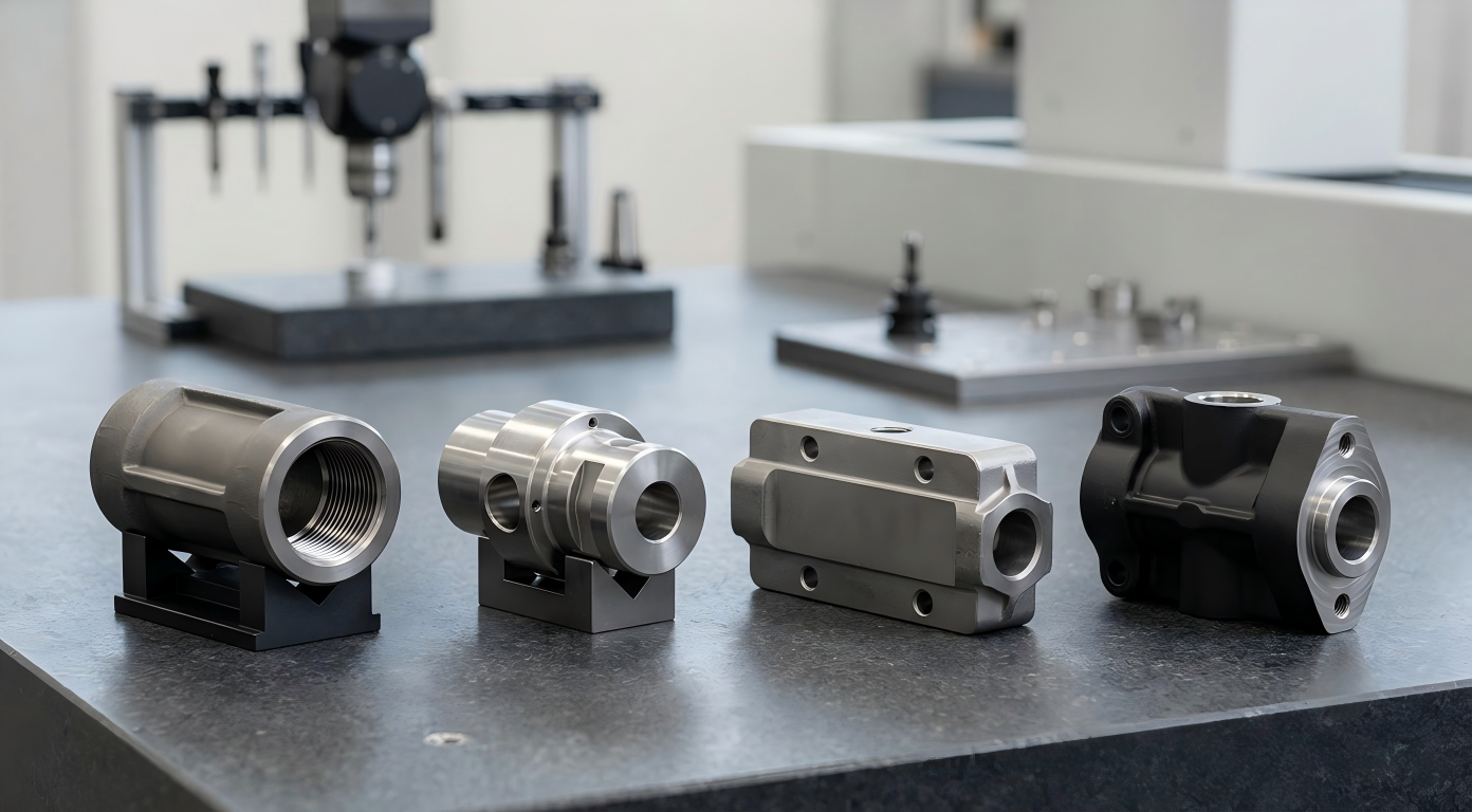Custom Transportation Connector Blocks Couplings and Assembly Parts Machined steel connector blocks, couplings and assembly components resting on an industrial inspection table