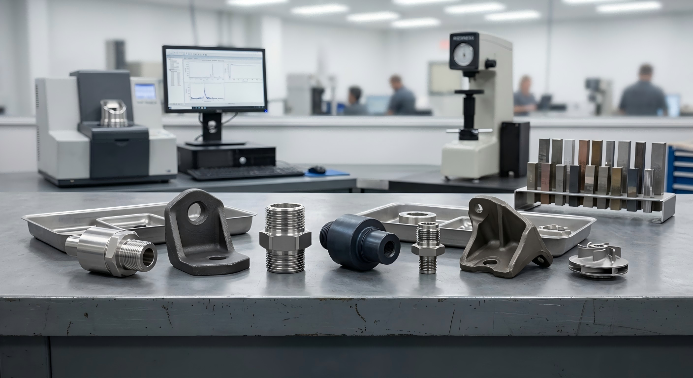 Steel Materials for Power and Instrumentation Parts Stainless steel, carbon steel and alloy steel power and instrumentation components on a material inspection table