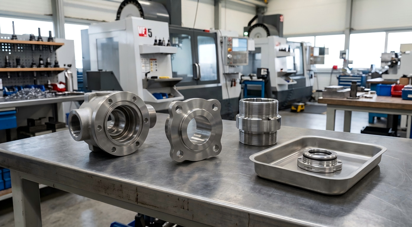 CNC Machined Petrochemical and Marine Components Investment cast petrochemical and marine components with precision CNC machining on an industrial table