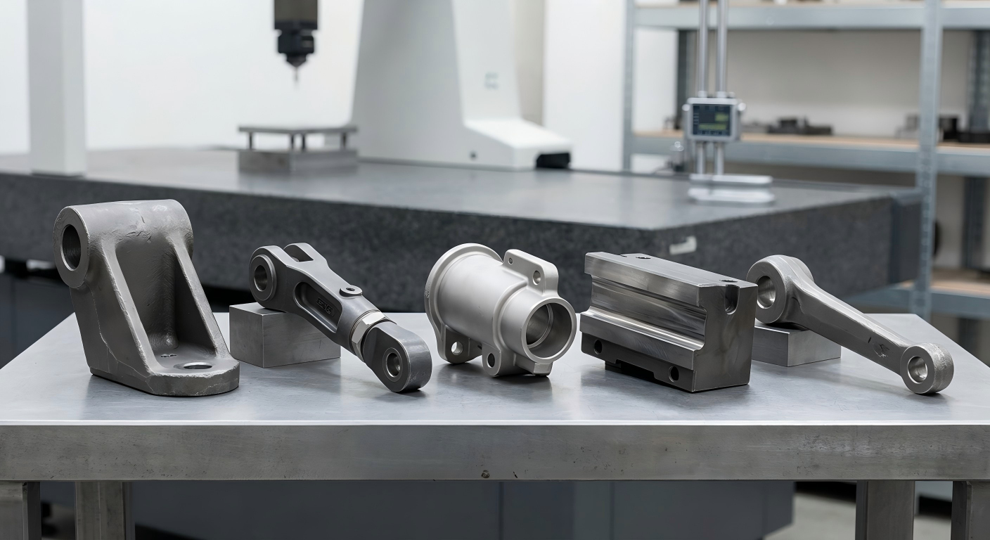 Materials Used for Custom Transportation Parts Transportation parts made from carbon steel, alloy steel, stainless steel and wear-resistant steel displayed on a clean metal table