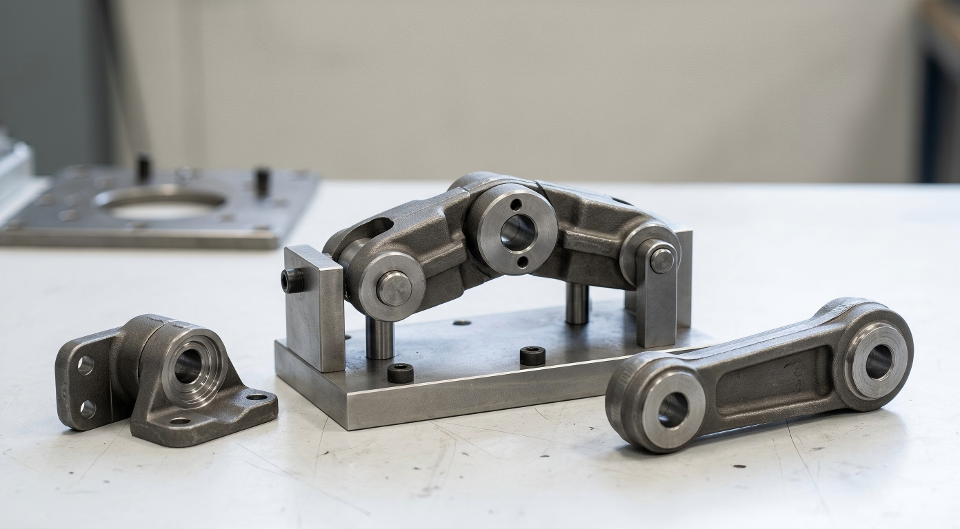 Custom Transportation Hinges Joints and Linkage Components Steel hinges, folding joints and linkage components displayed on a clean industrial assembly fixture