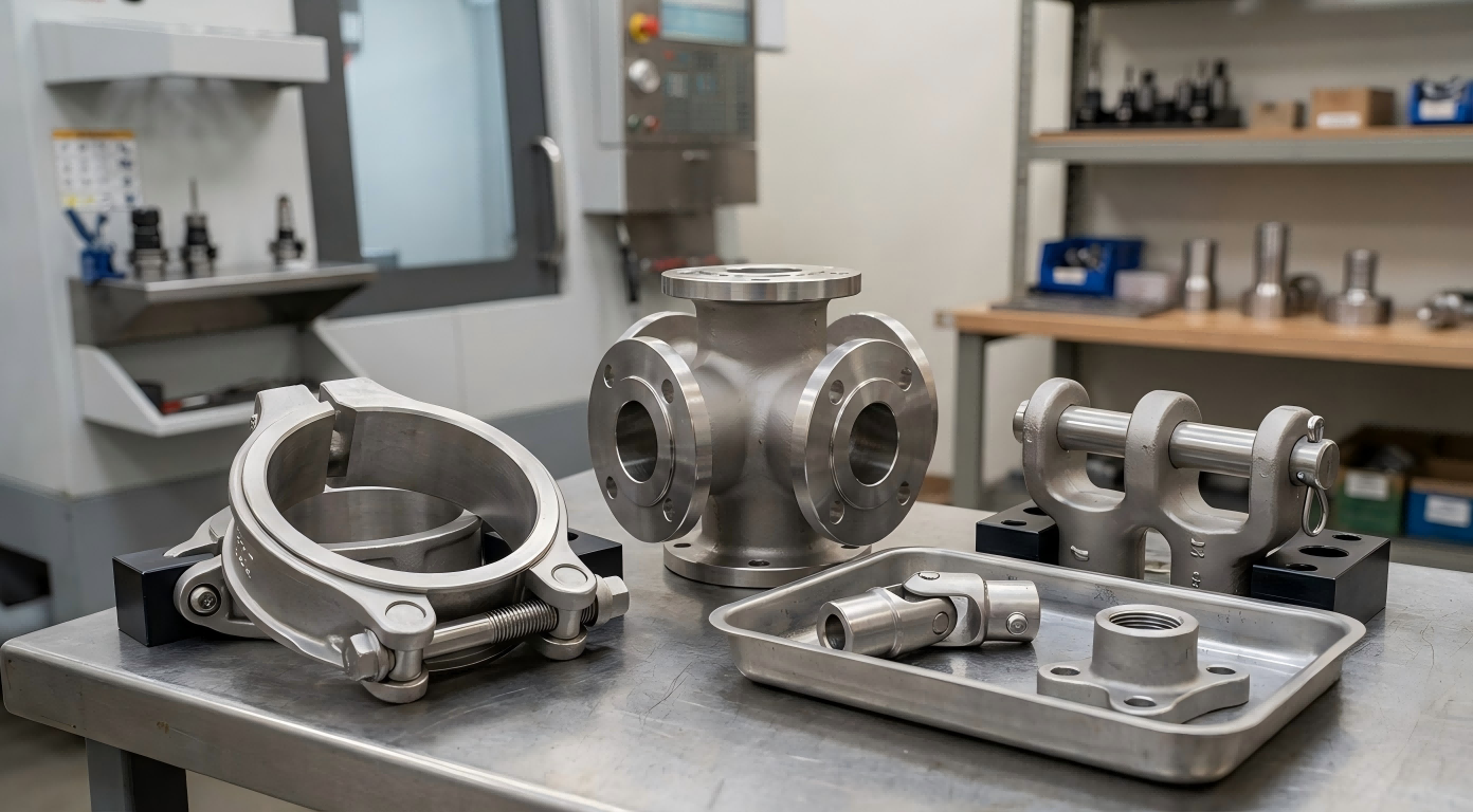 Custom Marine Fittings Clamps and Connection Hardware Corrosion-resistant marine fittings clamps and connection hardware on a dockside workshop table