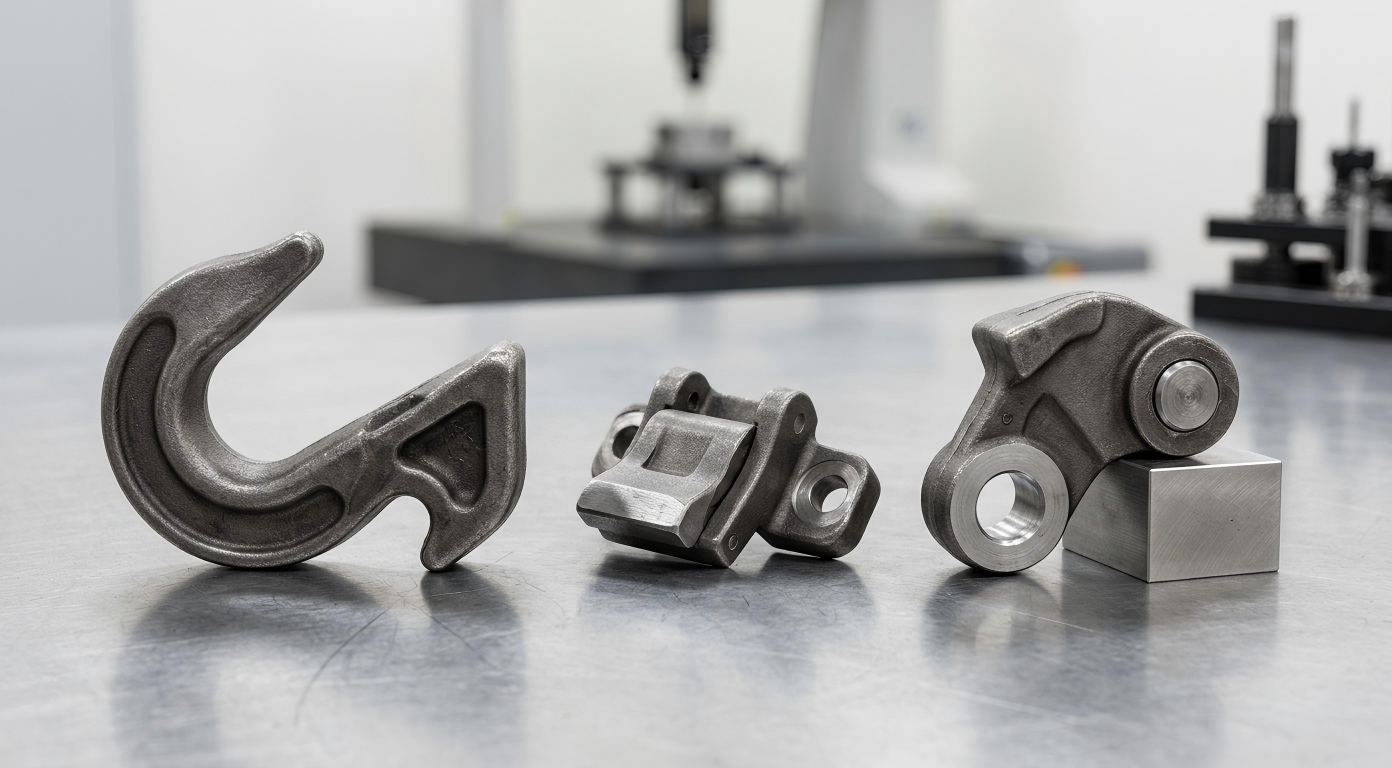Custom Transportation Hooks Latches and Release Components Steel transportation hooks, latches and release components resting on a clean industrial worktable