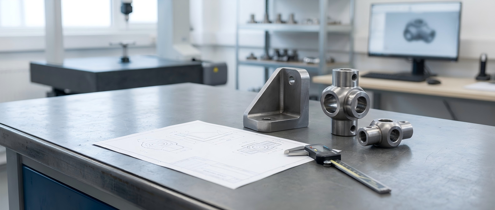 Request a Quote for Custom Transportation Parts Finished transportation parts and engineering drawing review scene on a clean industrial desk