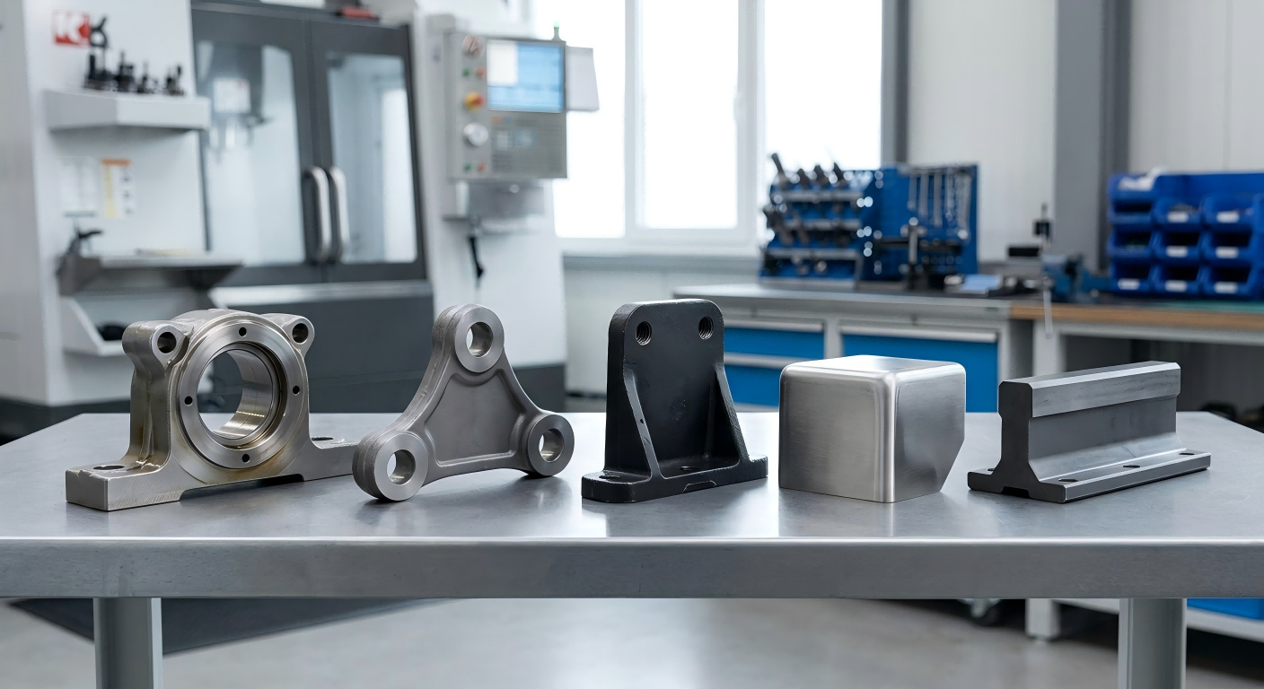 Material Options for Industrial Machinery Parts Industrial machinery components in stainless steel, carbon steel, alloy steel and wear-resistant steel arranged on a clean workbench