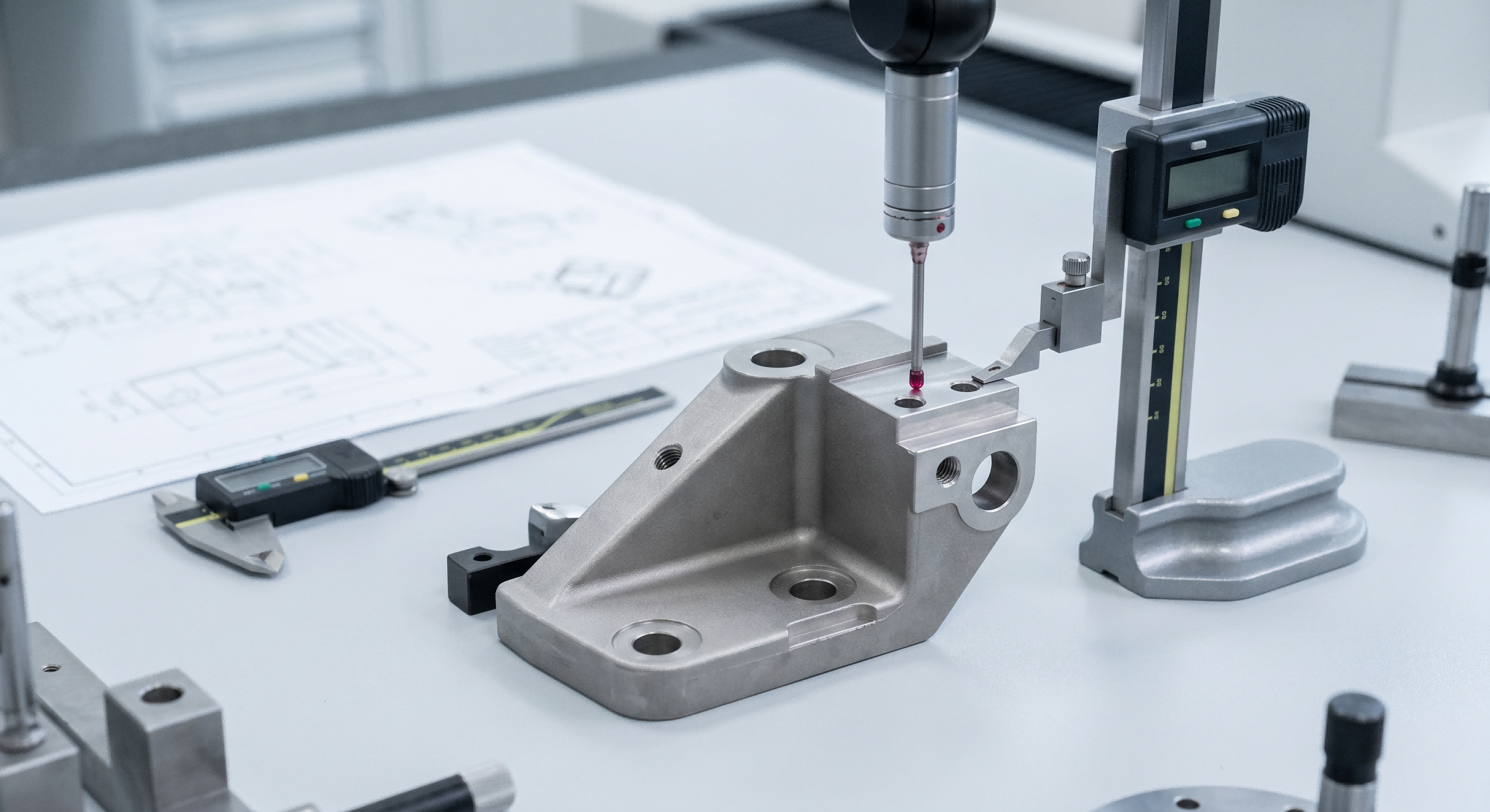 Quality Control for Custom Hardware Parts Dimensional inspection of custom investment cast hardware parts with measuring tools and engineering drawing
