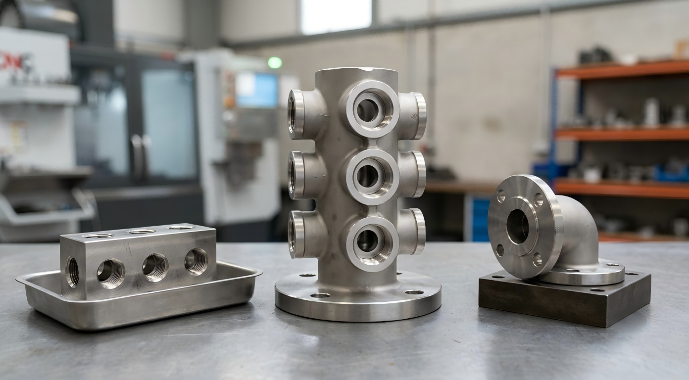 CCustom Manifold Bodies and Flow Distribution Components Custom steel manifold bodies and flow distribution components on a clean industrial inspection table