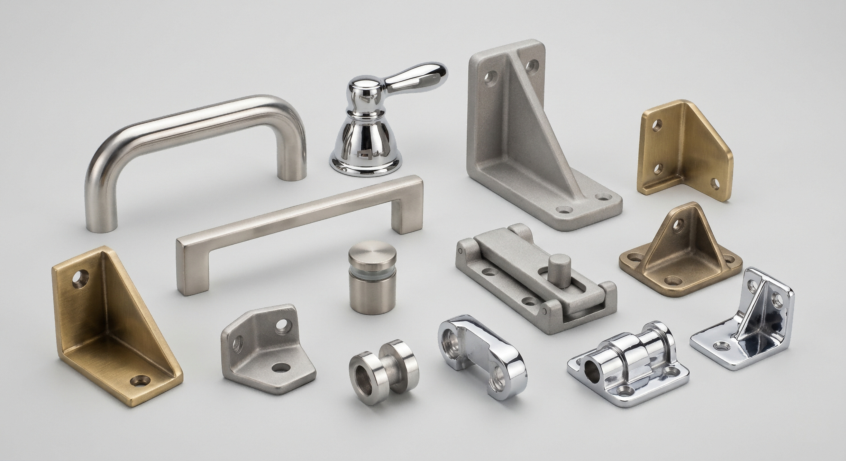 Surface Finishing for Visible Hardware Components Polished plated and blasted hardware casting parts showing surface finishing options for visible metal components