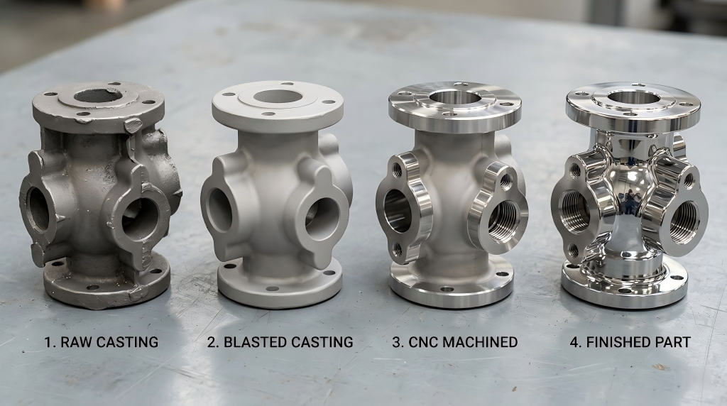 From Raw Investment Casting to Final Surface Finished Part Investment cast part from raw casting to machined and surface finished condition