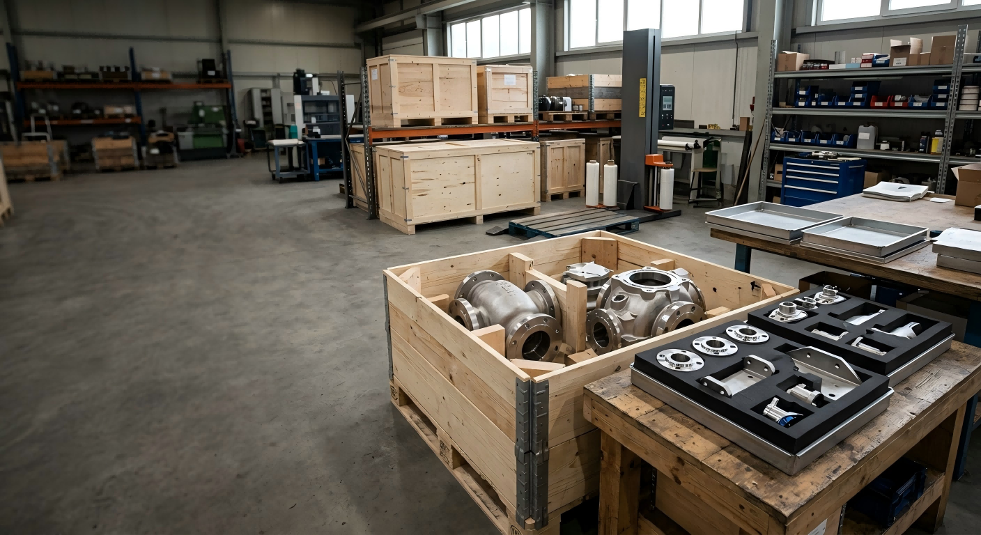 Custom Petrochemical and Marine Parts Ready for Production Finished custom steel petrochemical and marine components packed in a factory shipping area