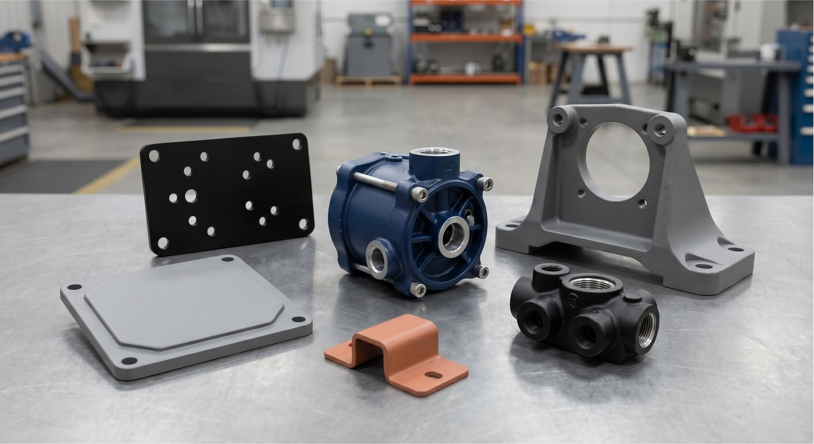 Powder Coating for Cast and Machined Metal Parts Powder coated cast and machined metal parts in black, blue, grey and orange finishes