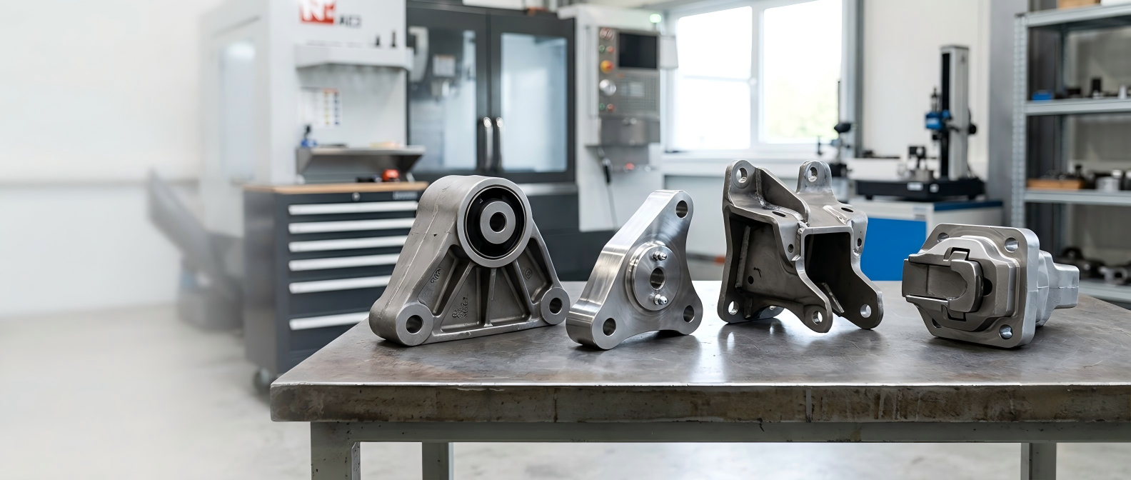 Custom Steel Transportation Parts Manufacturing Custom cast and machined steel transportation brackets, linkage components and coupling parts arranged on an industrial inspection table.