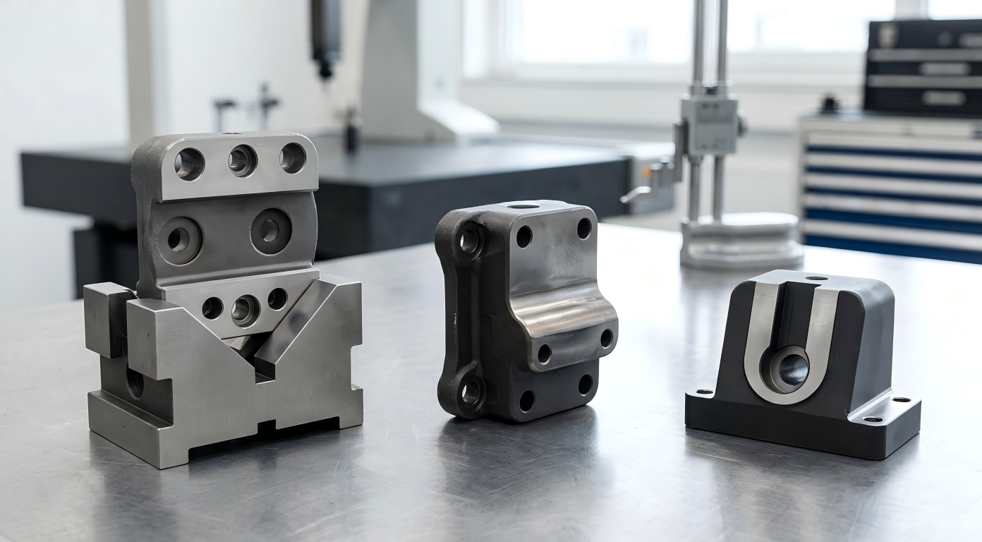 Wear-Resistant CNC-Machined Transportation Functional Parts Wear-resistant steel transportation components with CNC-machined holes, slots and contact surfaces on an inspection table