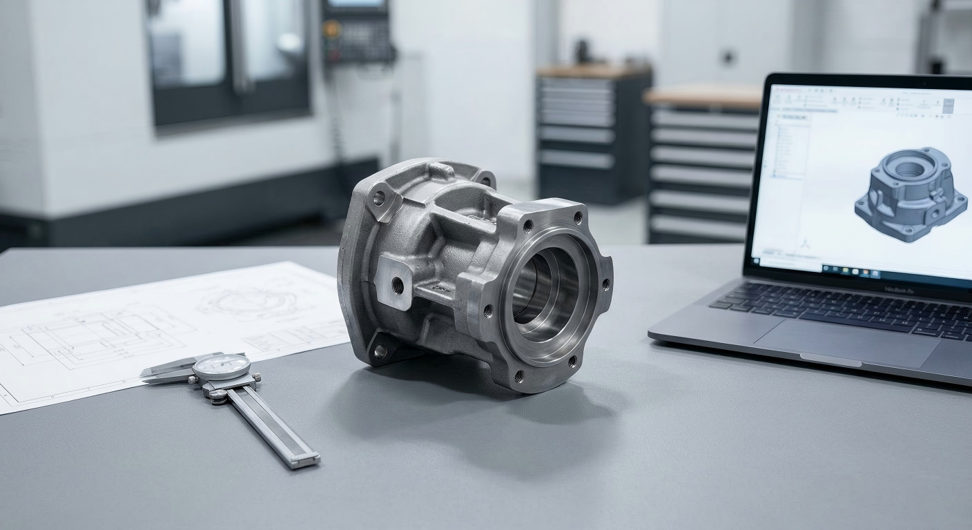 Request a Quote for Custom Industrial Machinery Parts Custom industrial machinery component with engineering drawing and measuring tools on a clean workbench for quotation request
