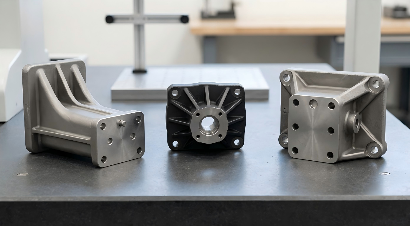 Custom Transportation Brackets Mounting Bases and Support Parts Custom steel brackets, mounting bases and support parts positioned on a clean inspection table