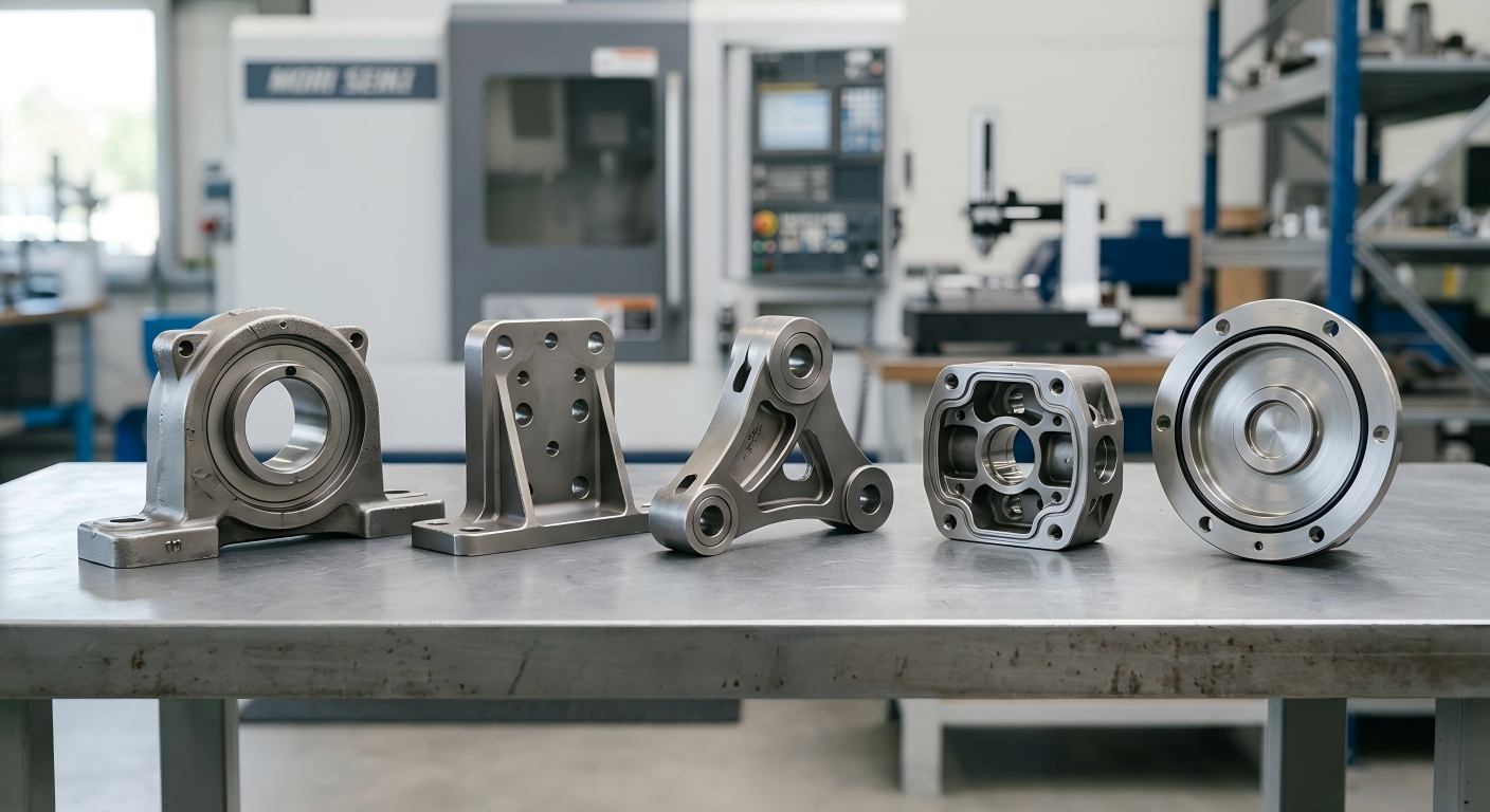 Industrial Machinery Parts | Investment Casting & CNC Machining Custom industrial machinery parts including bearing housings, brackets, linkage arms and machined steel components on a clean industrial workbench
