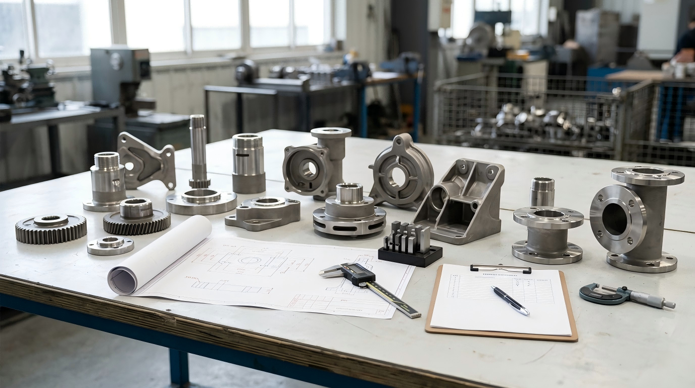 Custom Casting Project Review CTA Banner | Zeren Finished steel cast and machined components with drawing and inspection tools arranged on a worktable for project review
