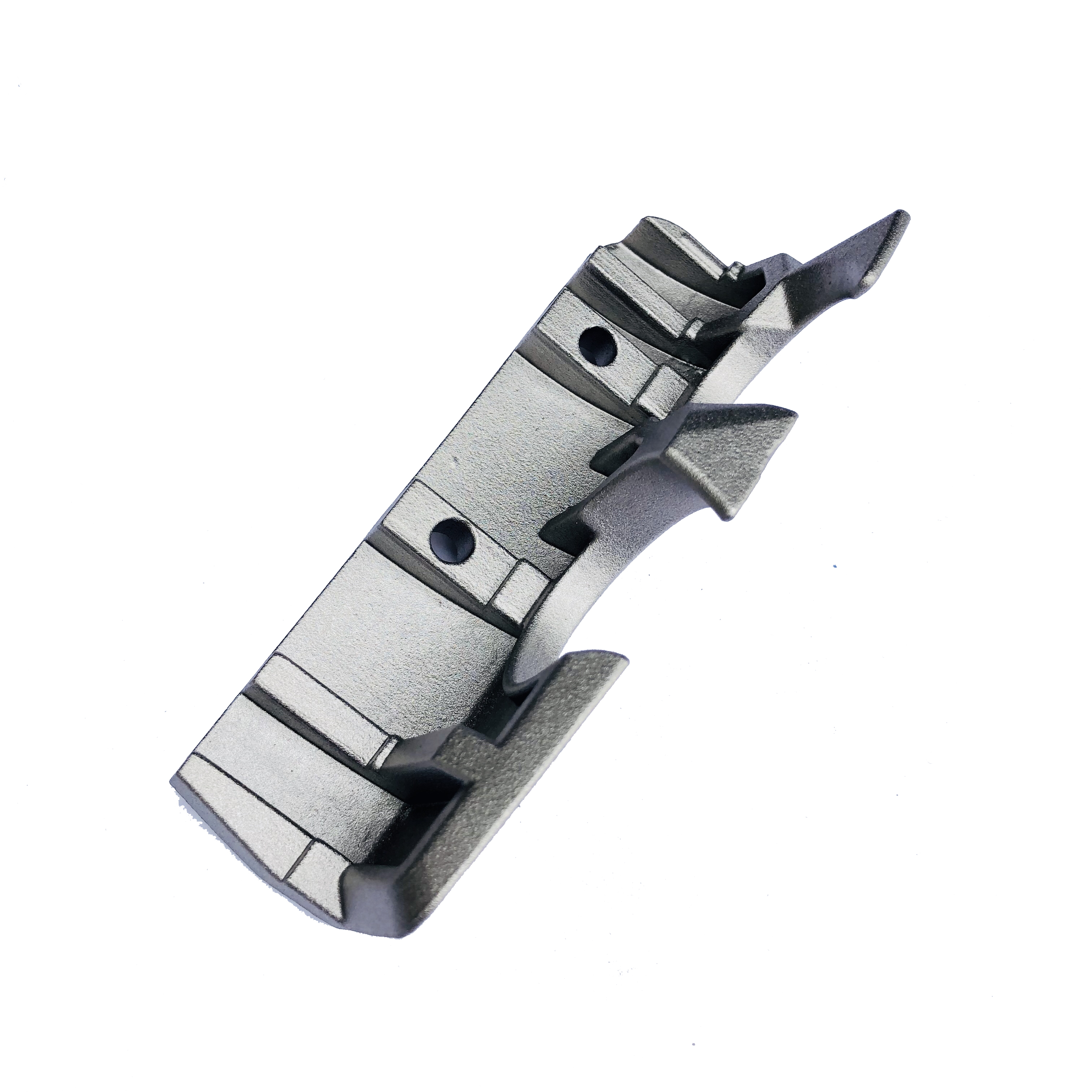 Custom investment cast alloy steel bracket with ribs holes and curved profiles