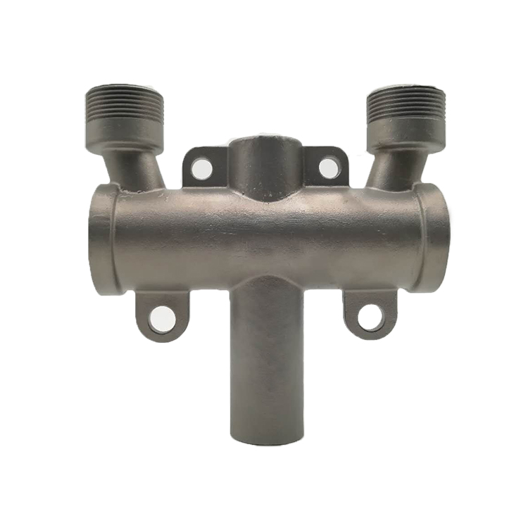 Investment cast three-way valve body with threaded connections and machined sealing surfaces
