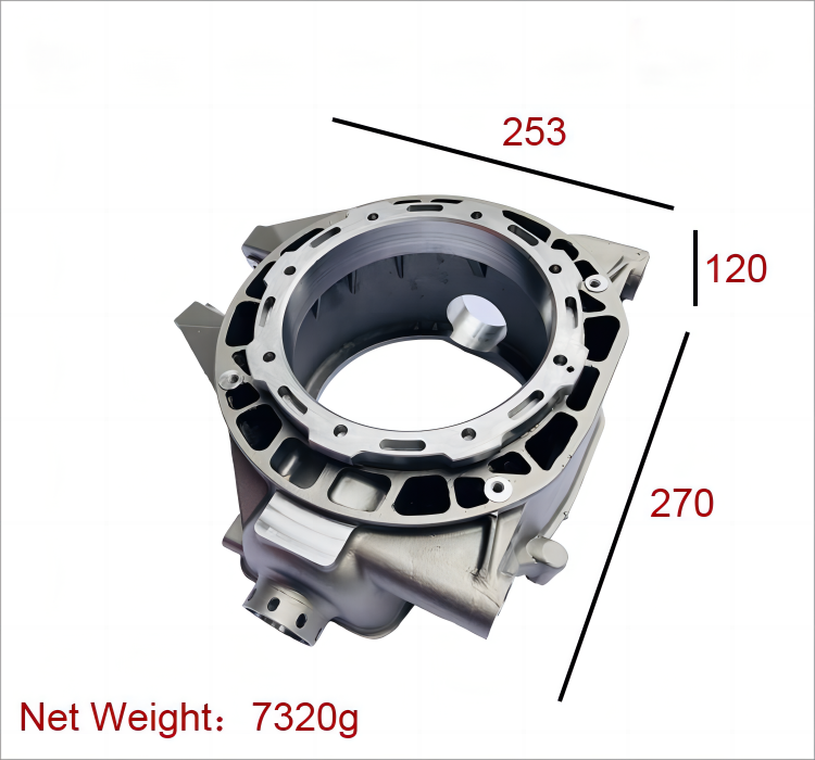 Precision cast and CNC machined machinery housing with dimensions and weight