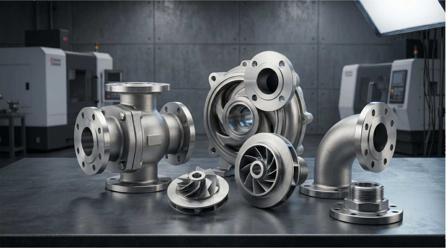 Pump and valve investment casting components with machined metal details