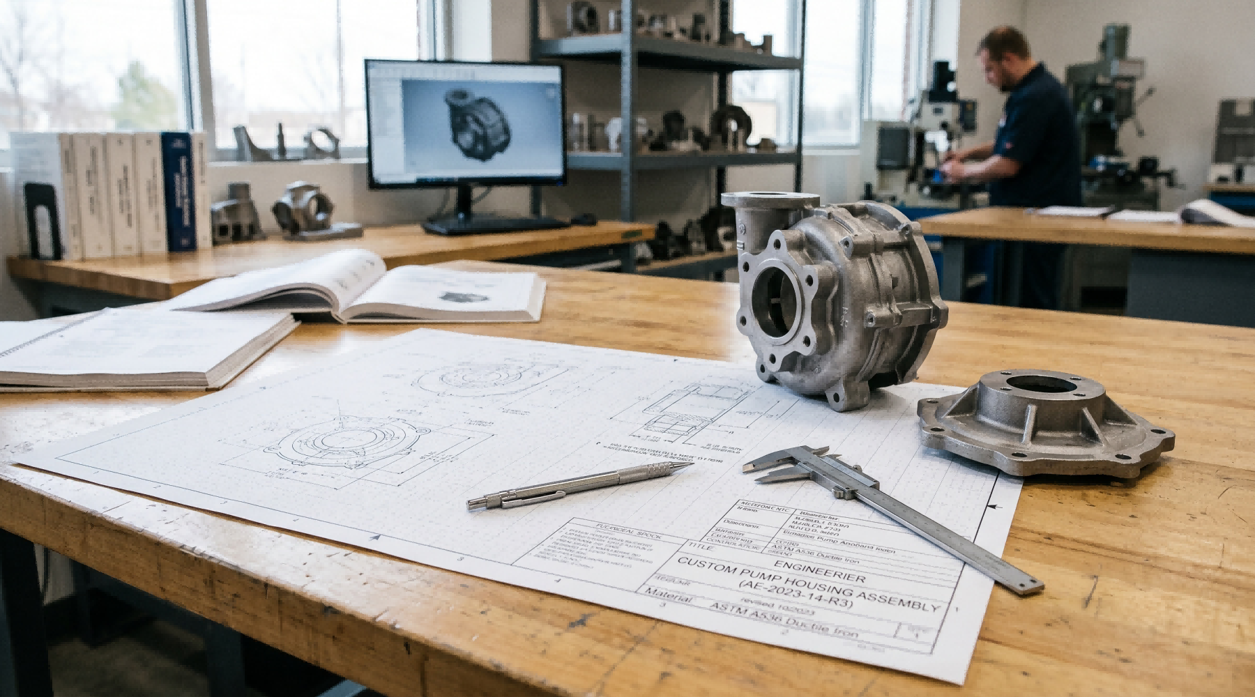 Engineer reviewing drawing with custom cast parts on workbench