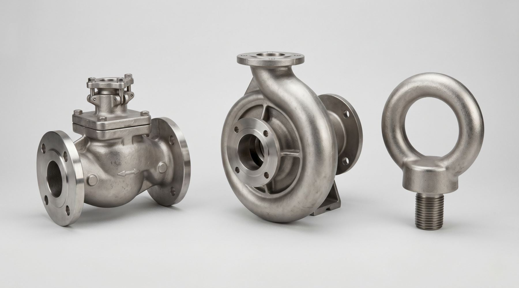 Duplex stainless steel valve, pump housing, and lifting eye castings