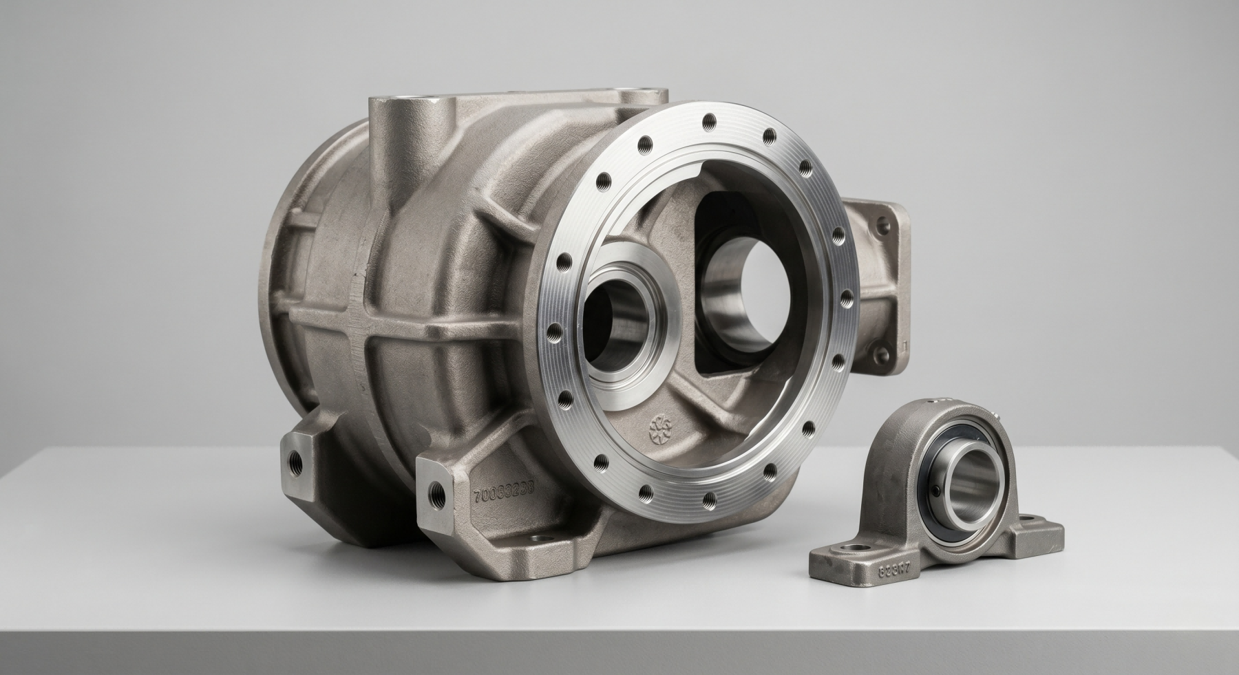 Custom cast and machined industrial machinery component with precision features