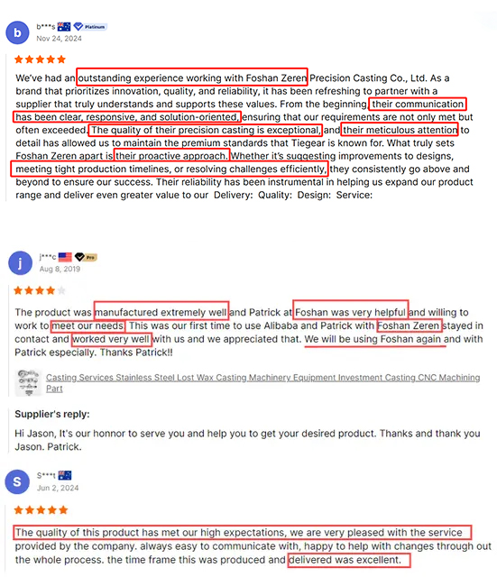 Customer reviews praising ZEREN investment casting quality, responsive communication and reliable service