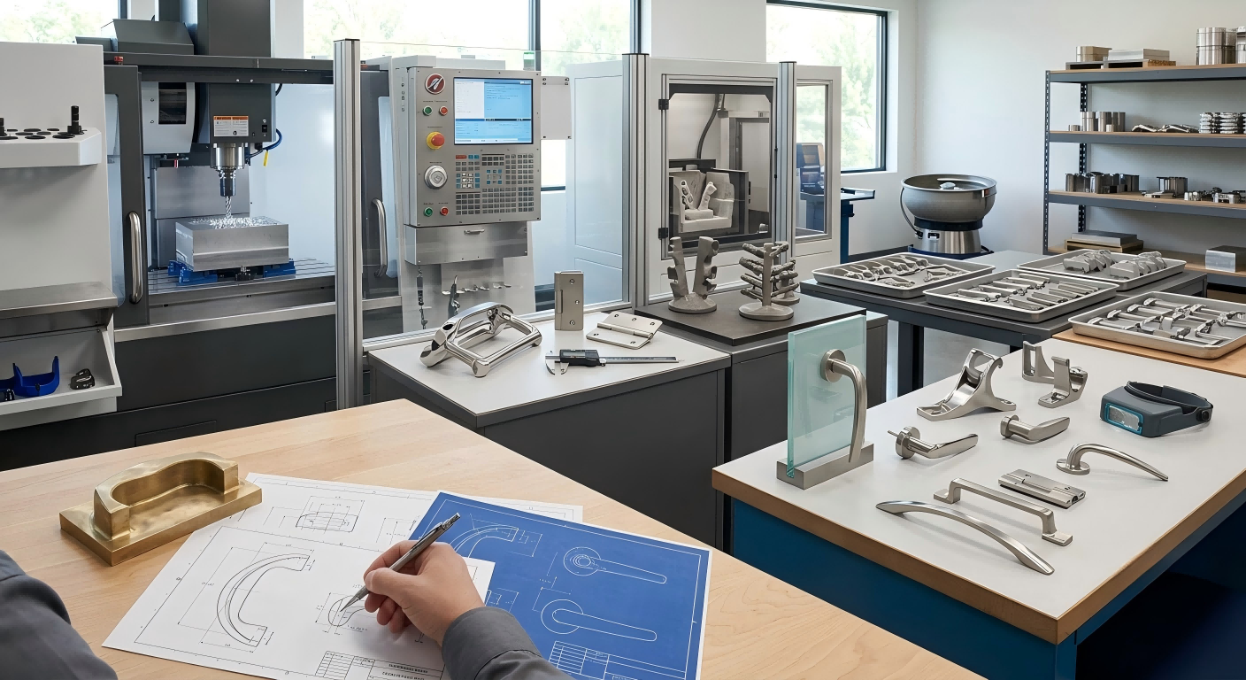 Production process of custom hardware and architectural parts from casting to finishing