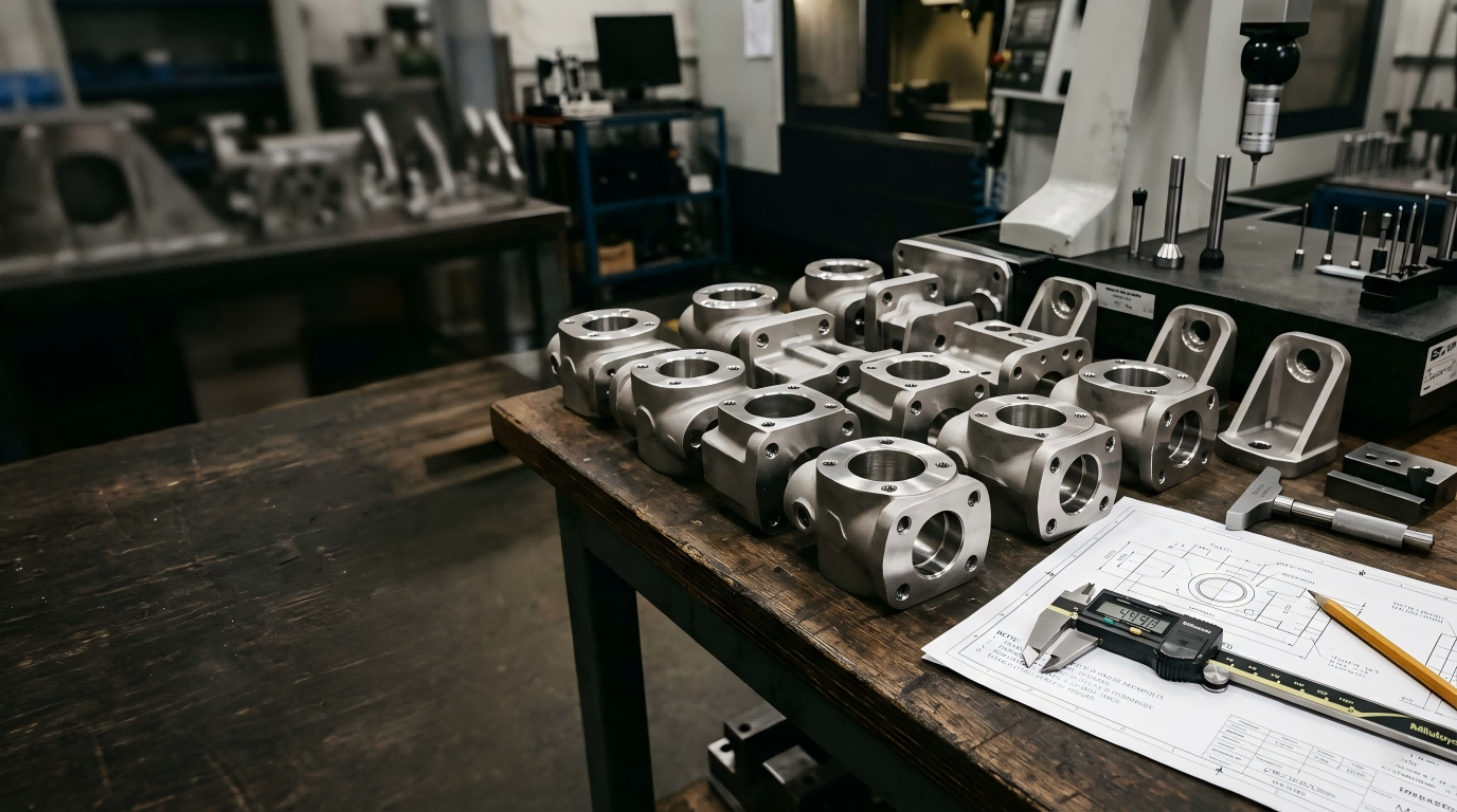 Finished investment cast and CNC machined steel parts prepared for inspection