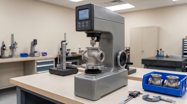 Hardness tester checking a steel investment cast valve body