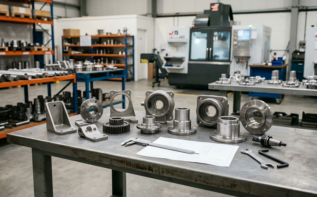 Finished custom cast and CNC machined metal parts displayed on a workbench in a clean manufacturing workshop
