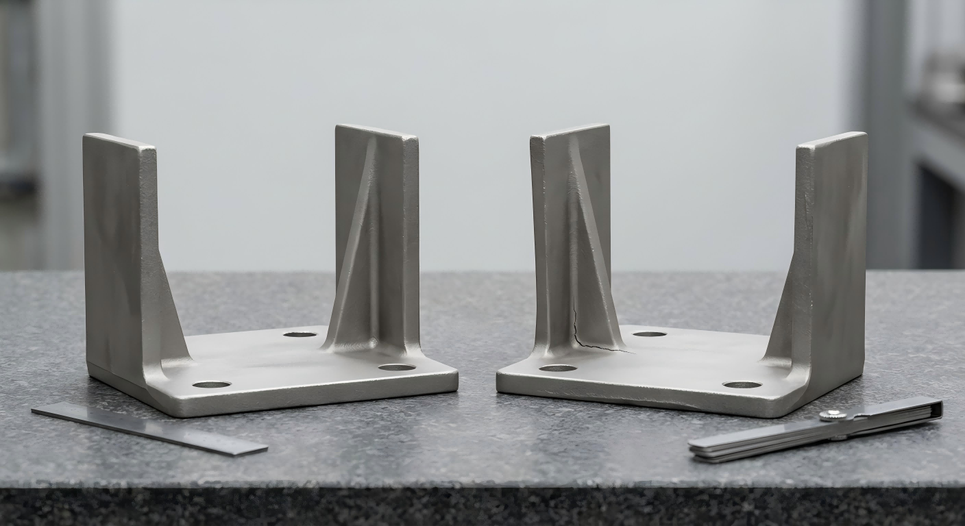 Steel casting showing distortion and localized cracking caused by solidification stress