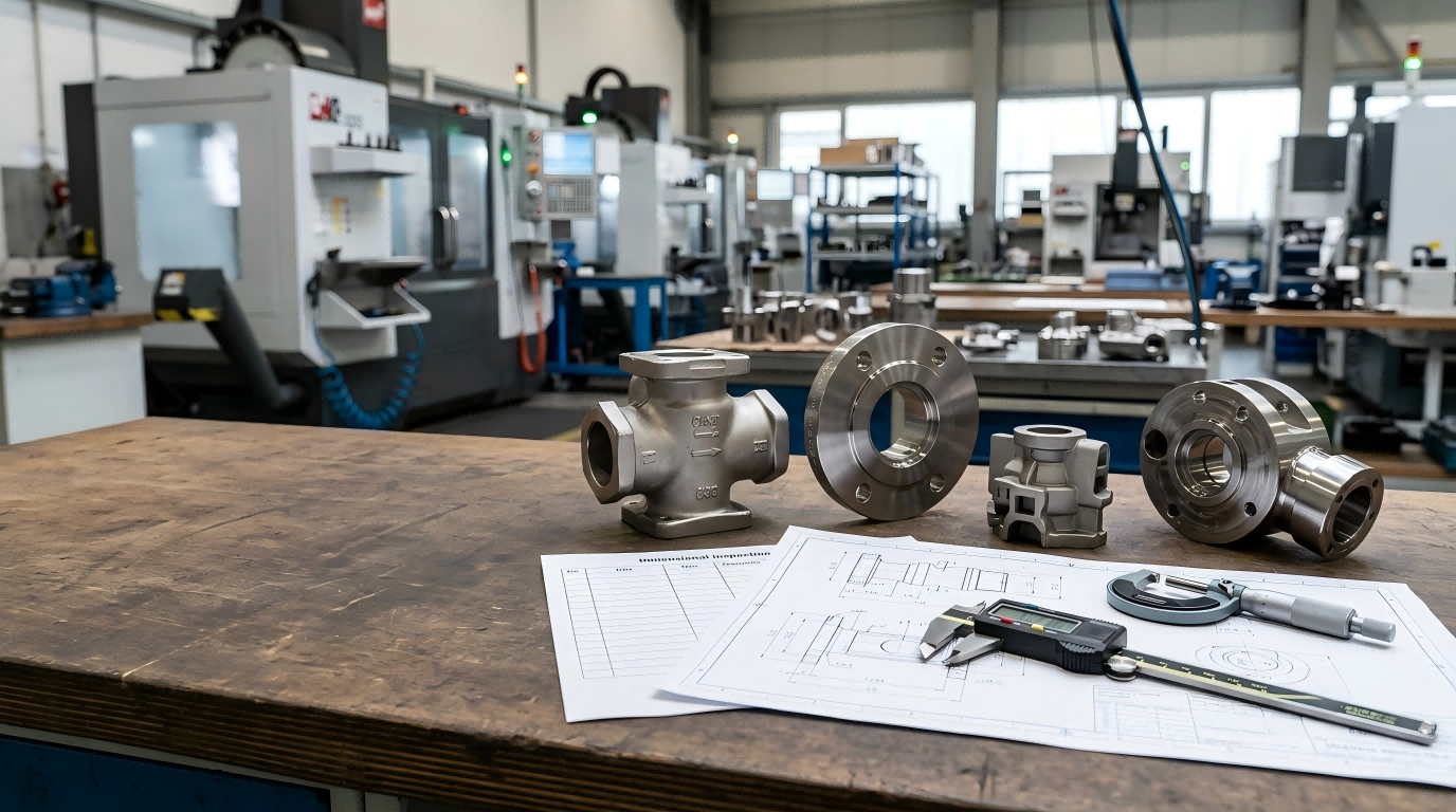 Investment casting and CNC machining parts with engineering drawings and inspection tools for project review
