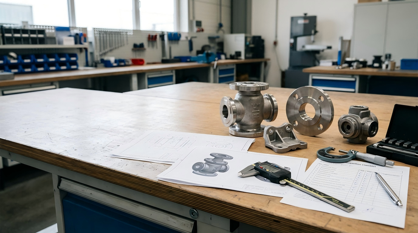 Finished investment casting and CNC machining parts with engineering drawings and inspection tools on a workbench
