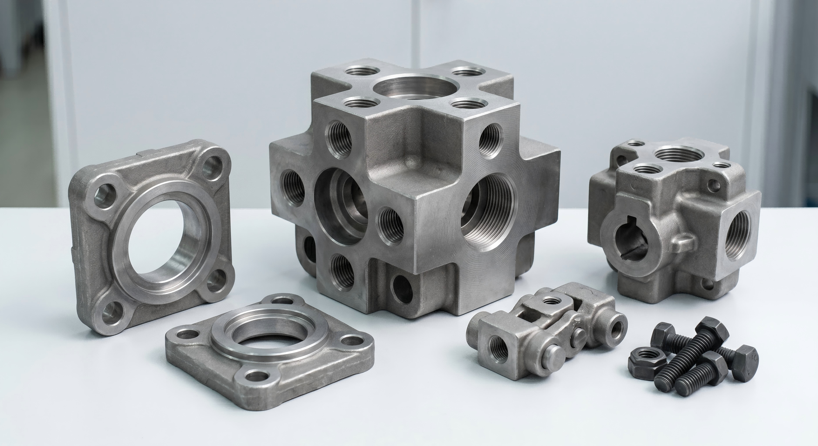 Carbon steel connector block casting with CNC machined holes and surfaces