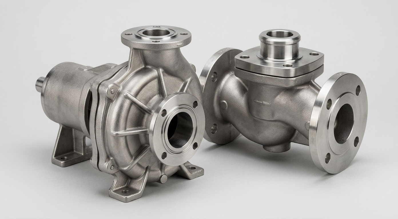 Steel investment cast pump housing and valve body with machined flanges and flow passages