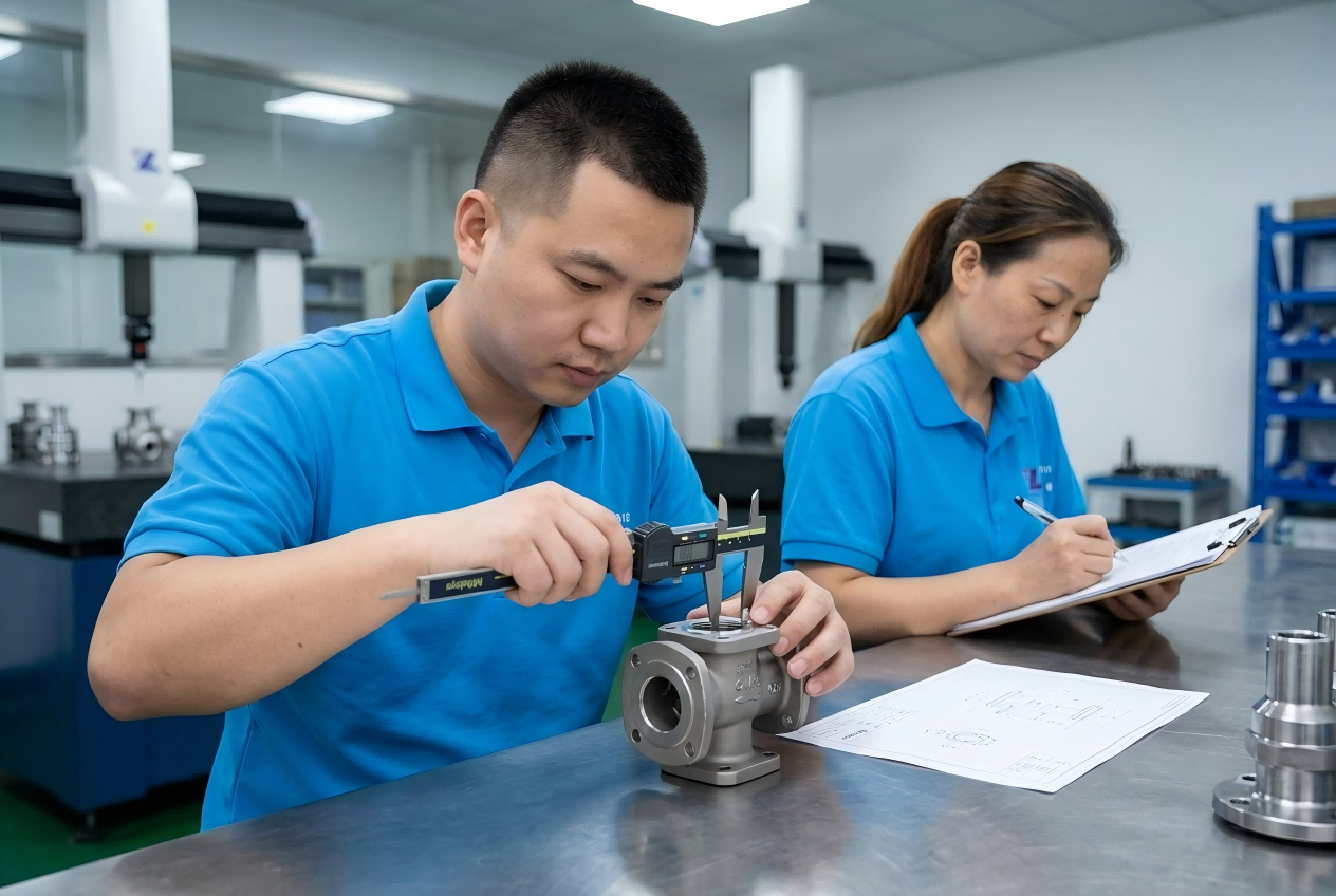 Engineers reviewing inspection results, machined metal parts and packaging requirements for a custom manufacturing project