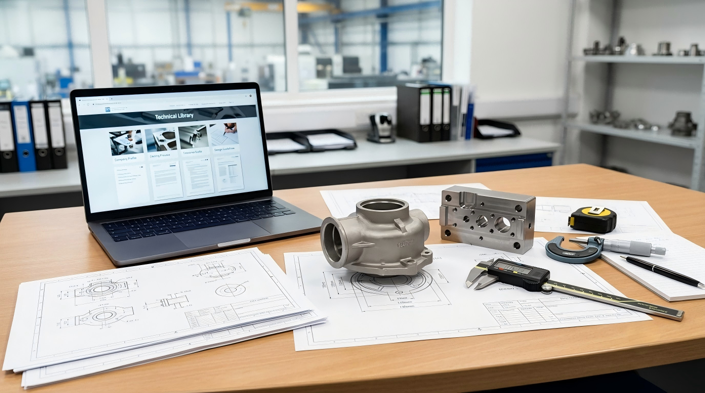 Investment casting engineering review with technical drawings, cast and machined parts, and inspection tools