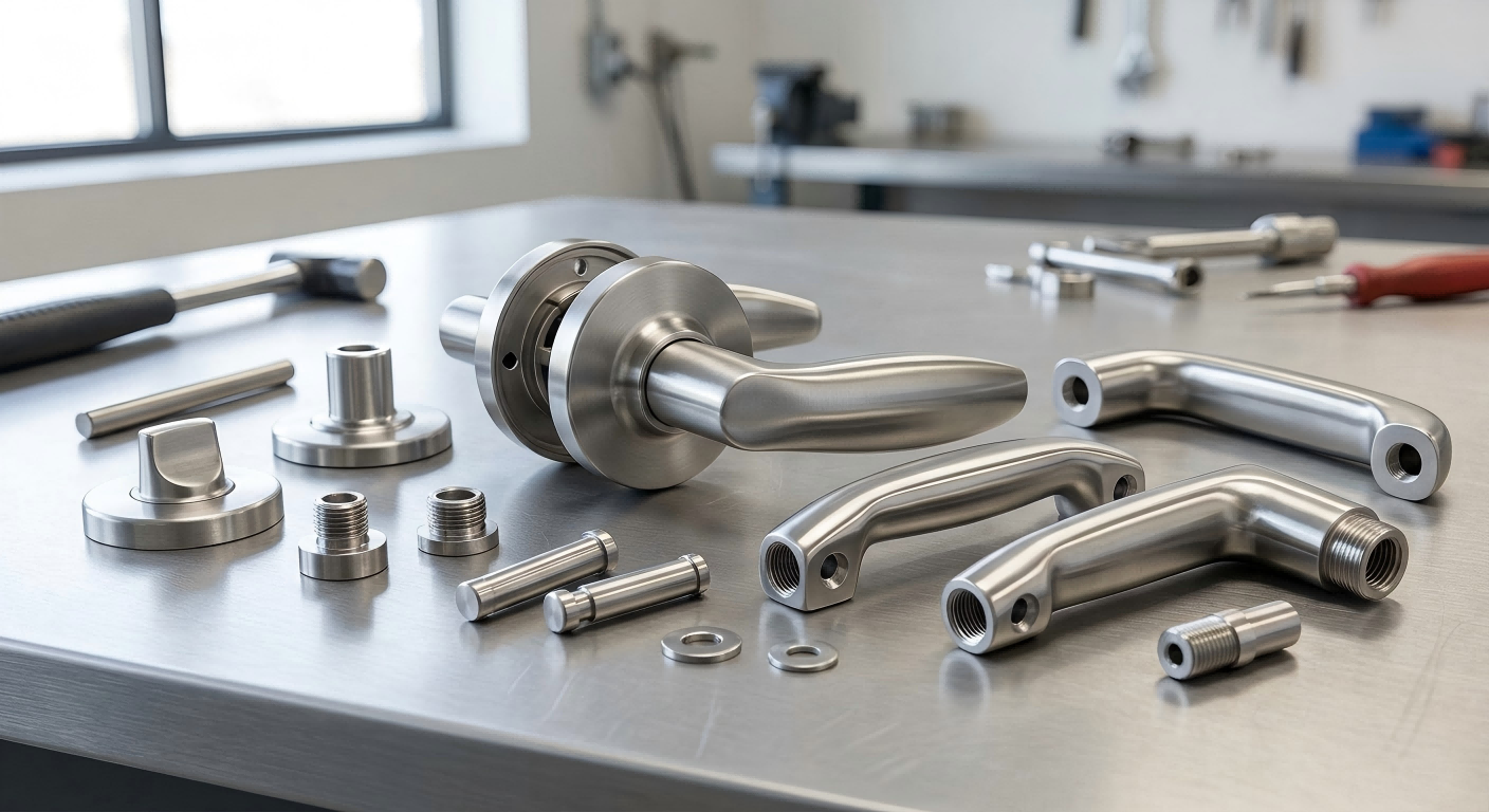 Investment cast handles pulls and lever components for hardware applications