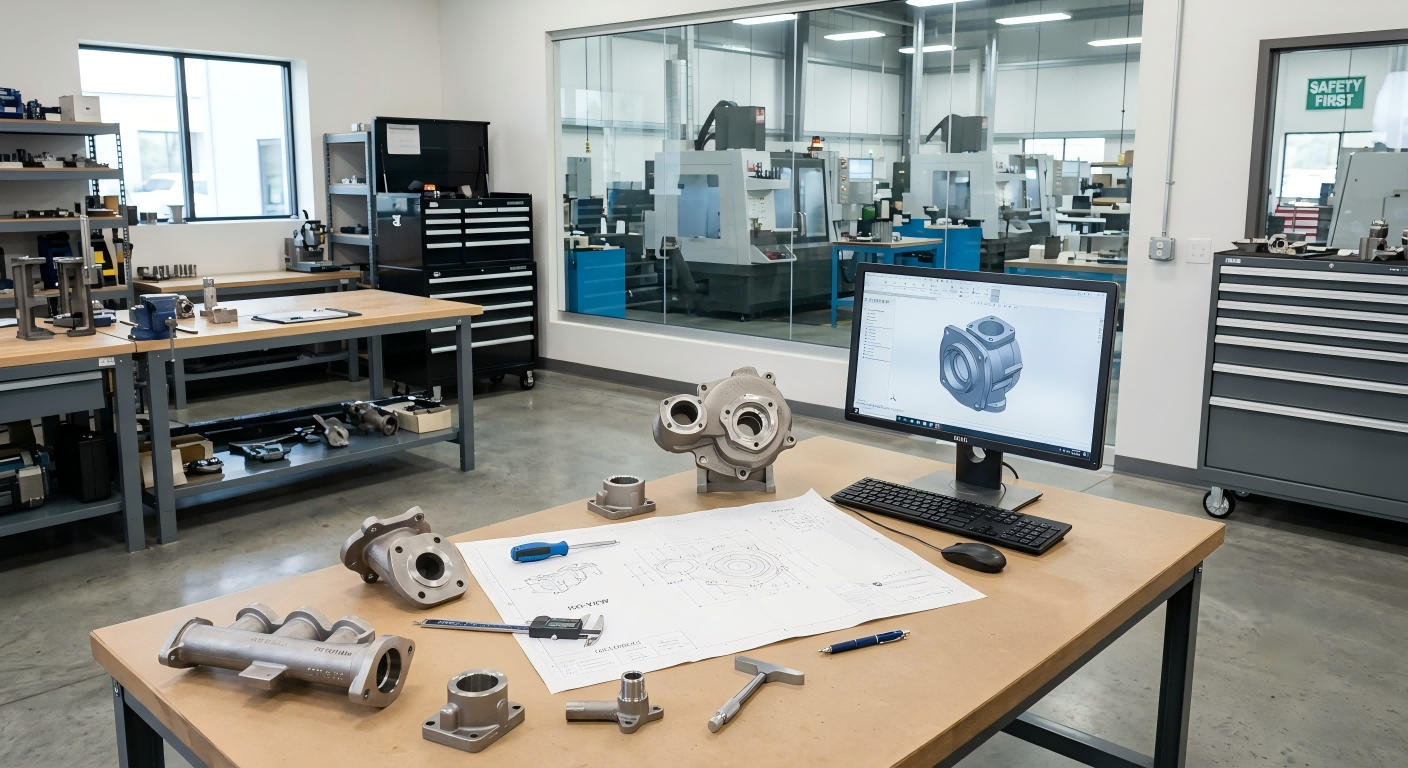 Engineers reviewing technical drawings, a 3D CAD model and custom cast and machined metal parts
