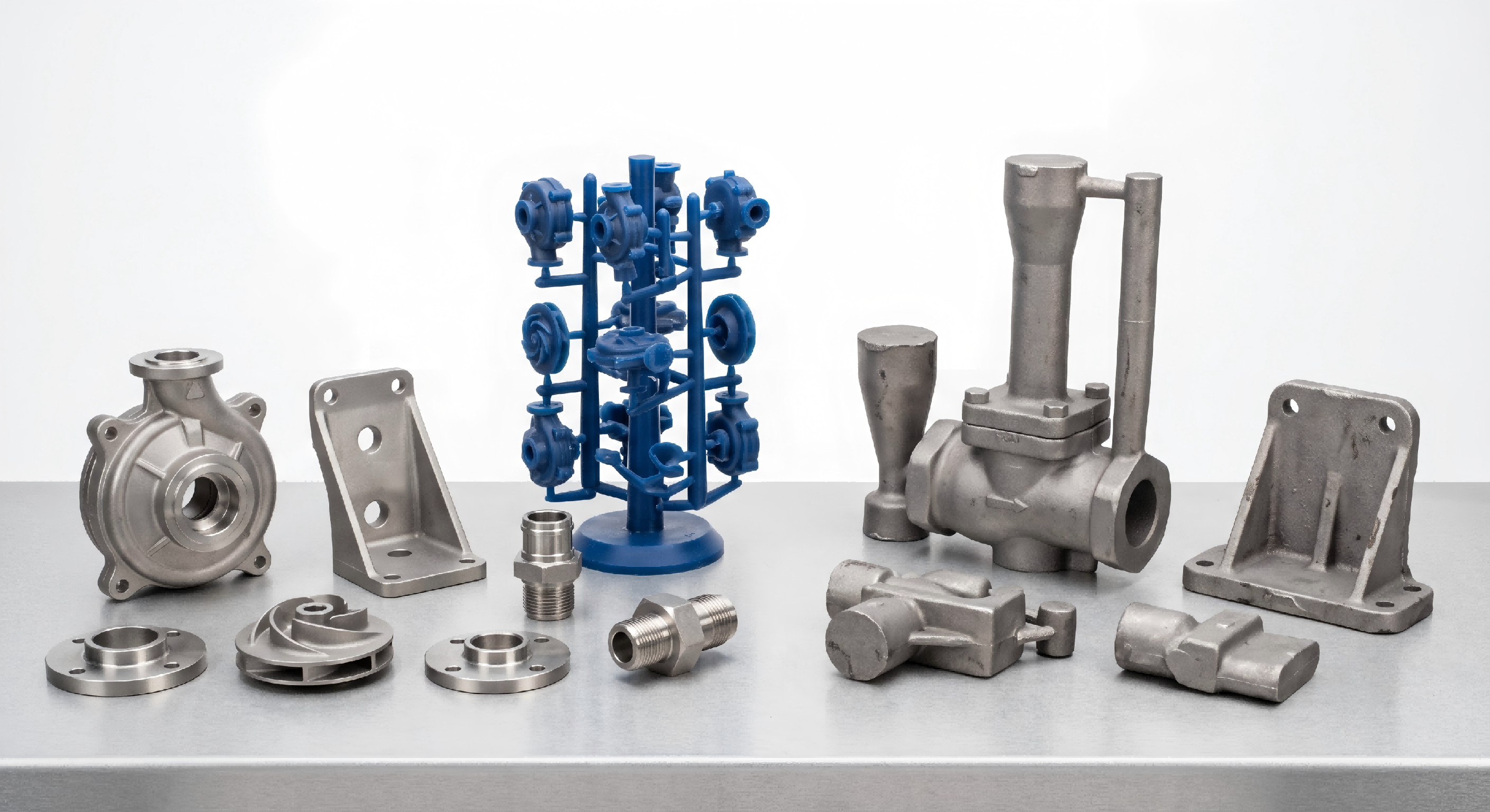 Steel investment castings and wax tree showing custom casting capability