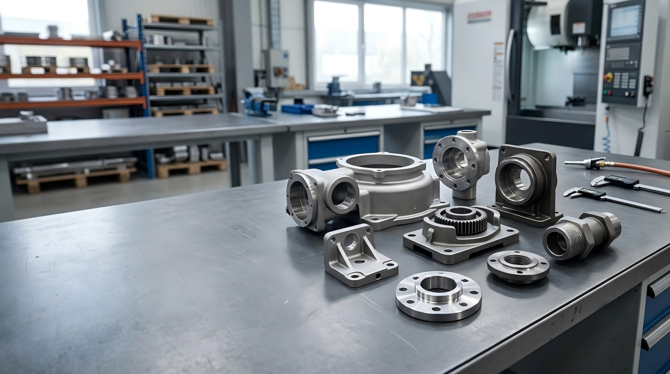 Finished custom steel investment castings and CNC machined components prepared for project inspection